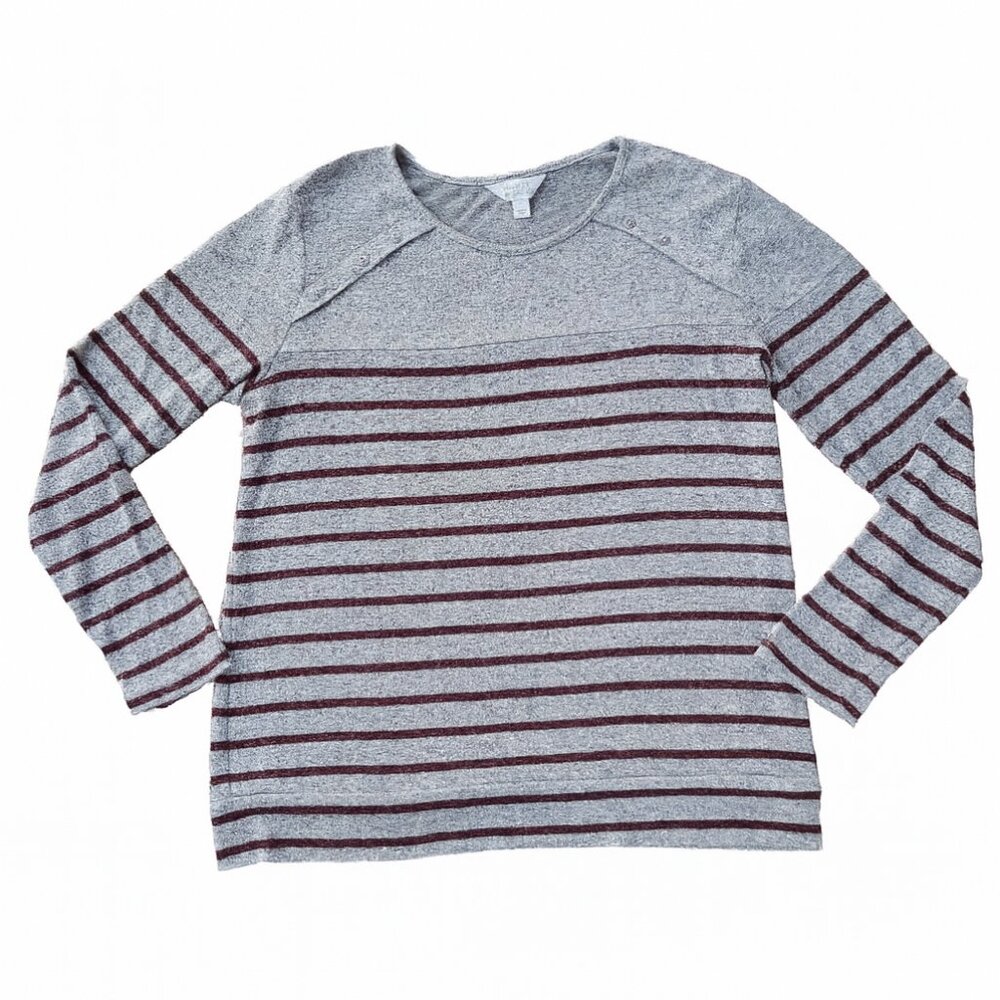 Market & Spruce Gloria Button Brushed Knit Top Grey  Burgundy Stripe size L